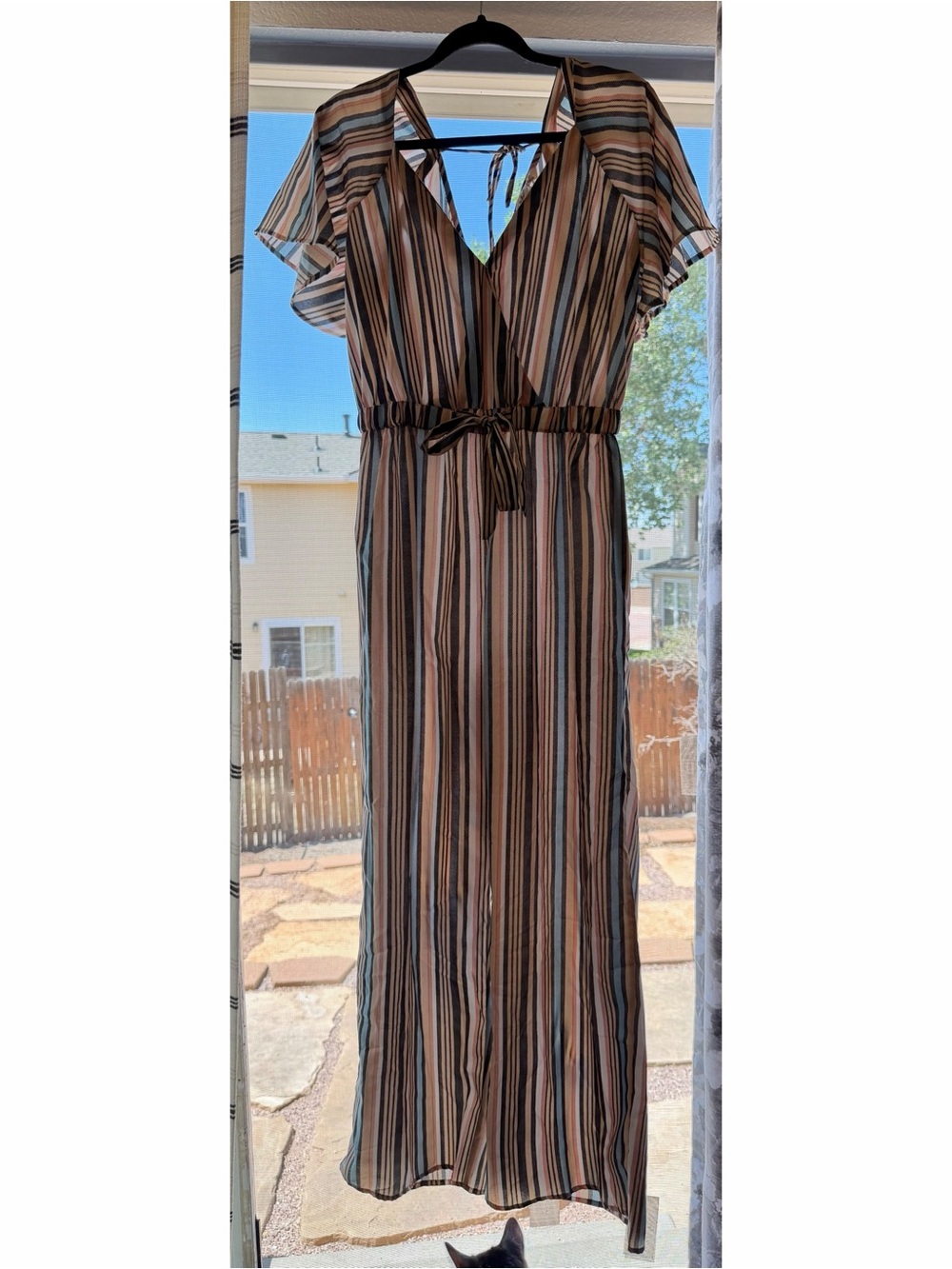 indulge Vertical Striped V-Neck Flutter Sleeve Jumpsuit in Beige, Pink, Blue